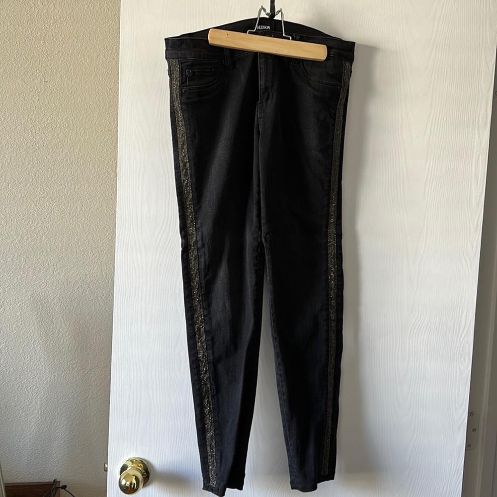 Hudson, black jeans with side metal inserts. Size 28